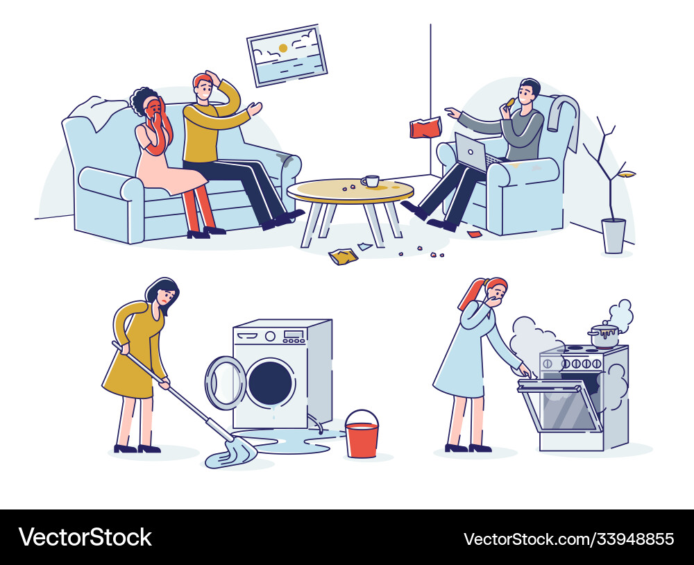 Cartoon characters with mess at home set lazy Cartoon characters with mess at home set lazy vector image