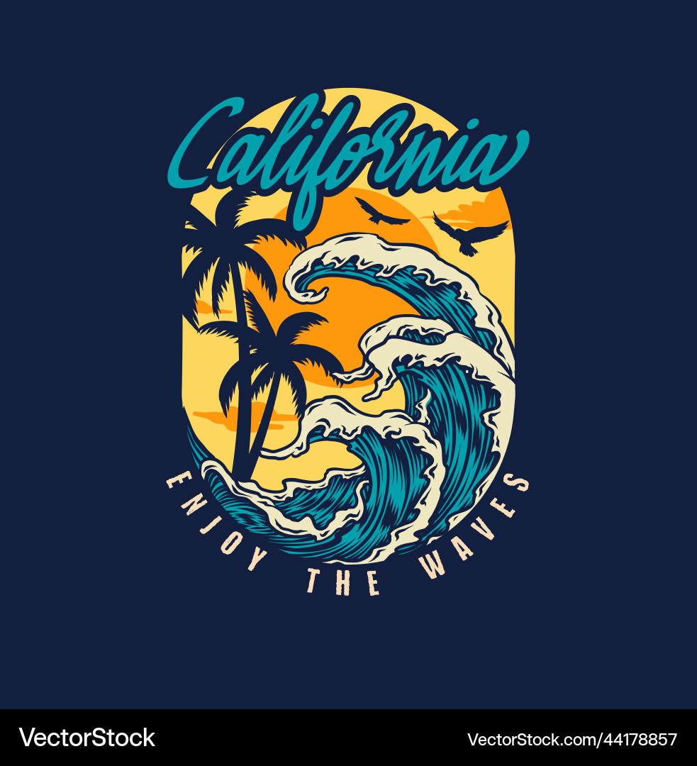 California t-shirt design with waves palm trees vector image