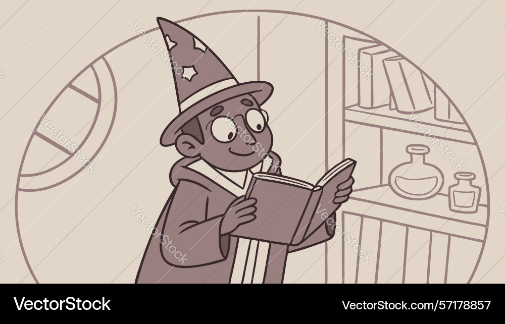 Child wizard reading in a magic library design Vector Image