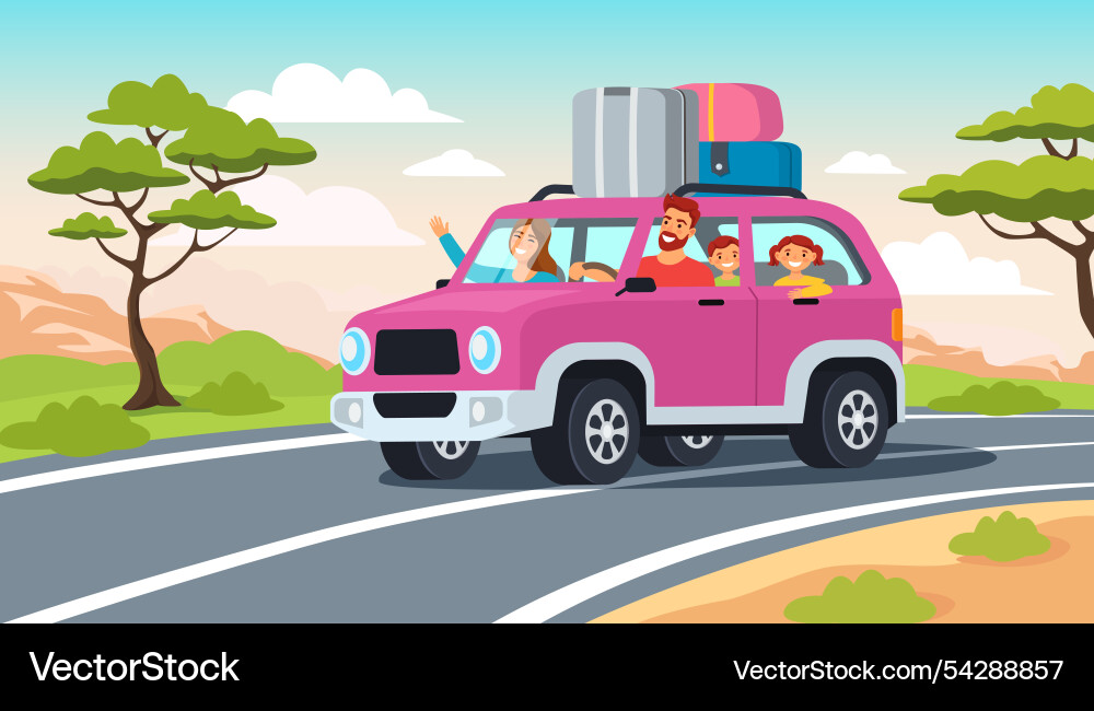 Family car travel road trip adventure happy Family car travel road trip adventure happy vector image