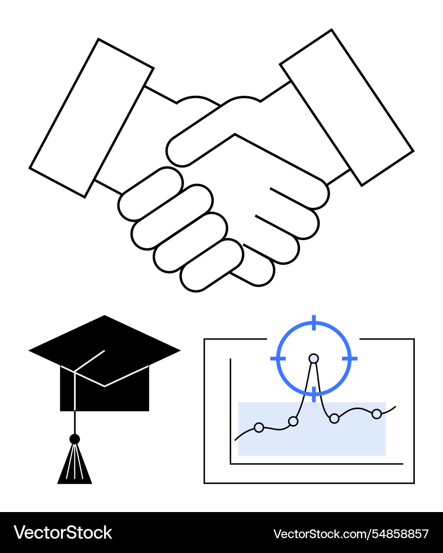 Handshake graduation cap and data targeting Handshake graduation cap and data targeting vector image