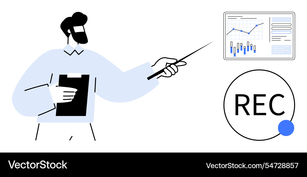 Man with clipboard pointing at graph during Man with clipboard pointing at graph during Vector Image