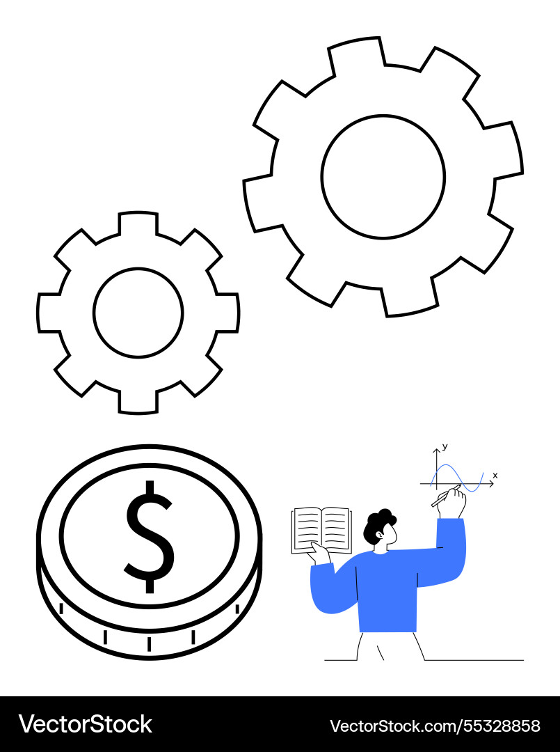 Man analyzing graphs with gears and coin Vector Image