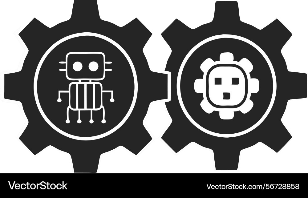 Two cogwheels with robot heads representing Vector Image
