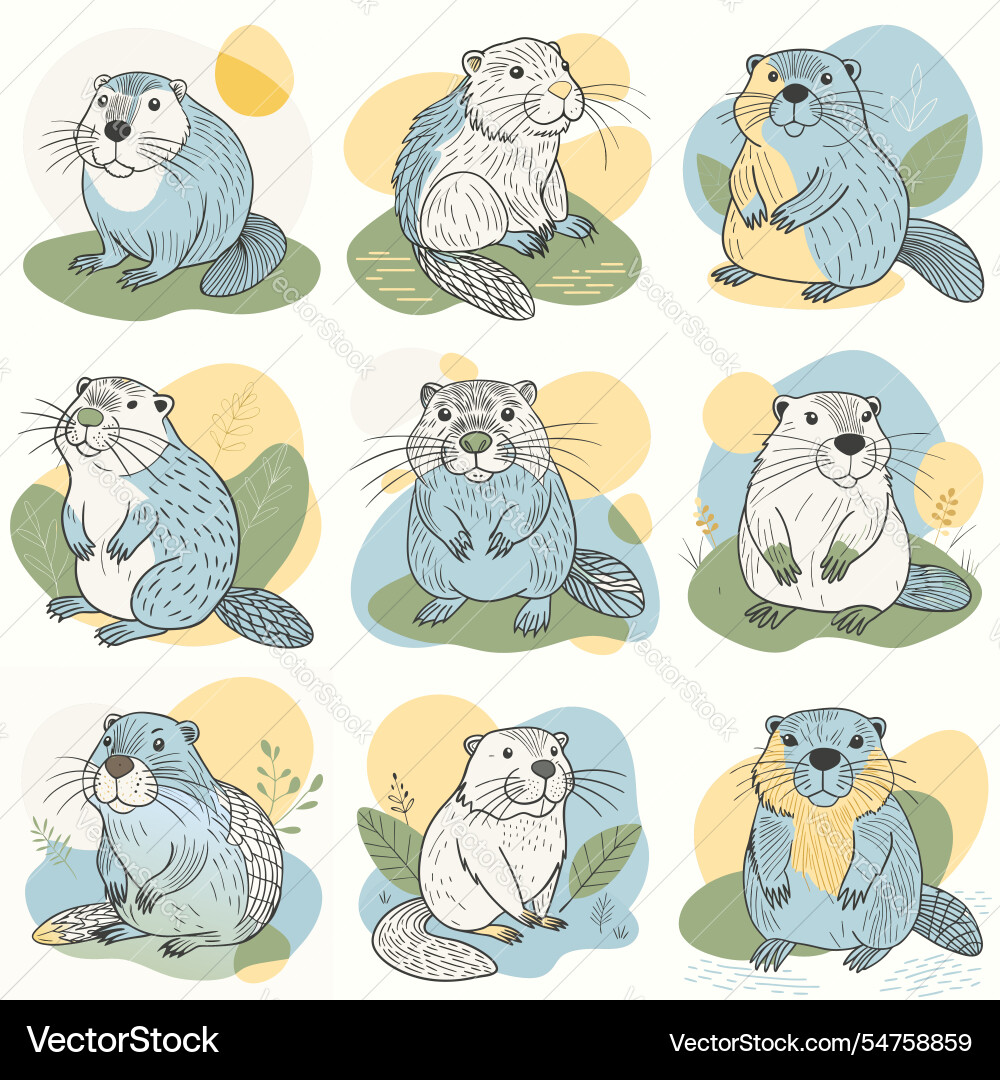Funny beaver character in different actions big Funny beaver character in different actions big vector image