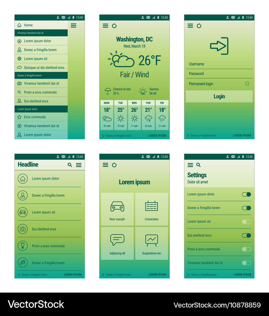 Green set of mobile user interface design vector image