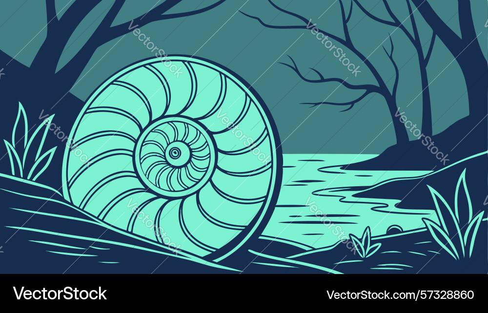 Nautilus shell in mysterious deep forest pond vector image
