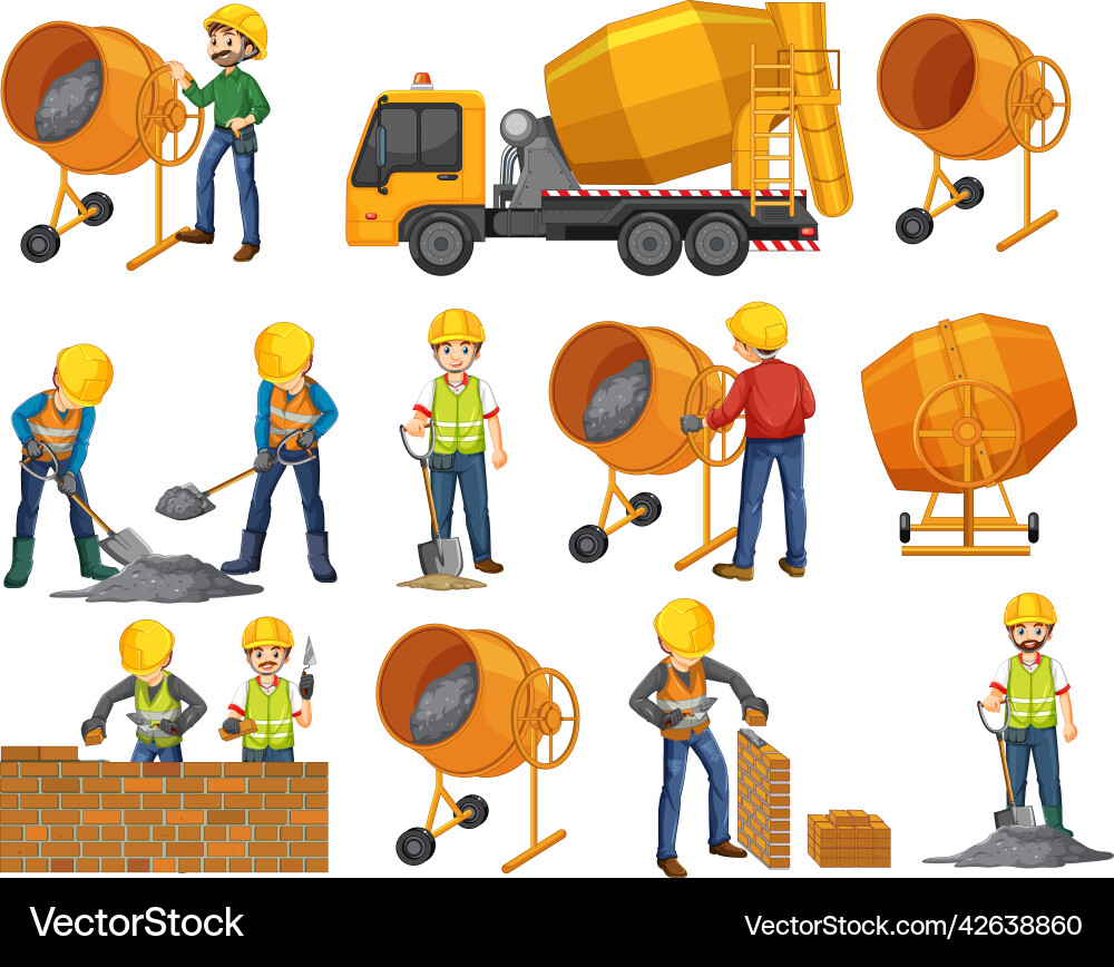 Set of construction site objects and workers vector image