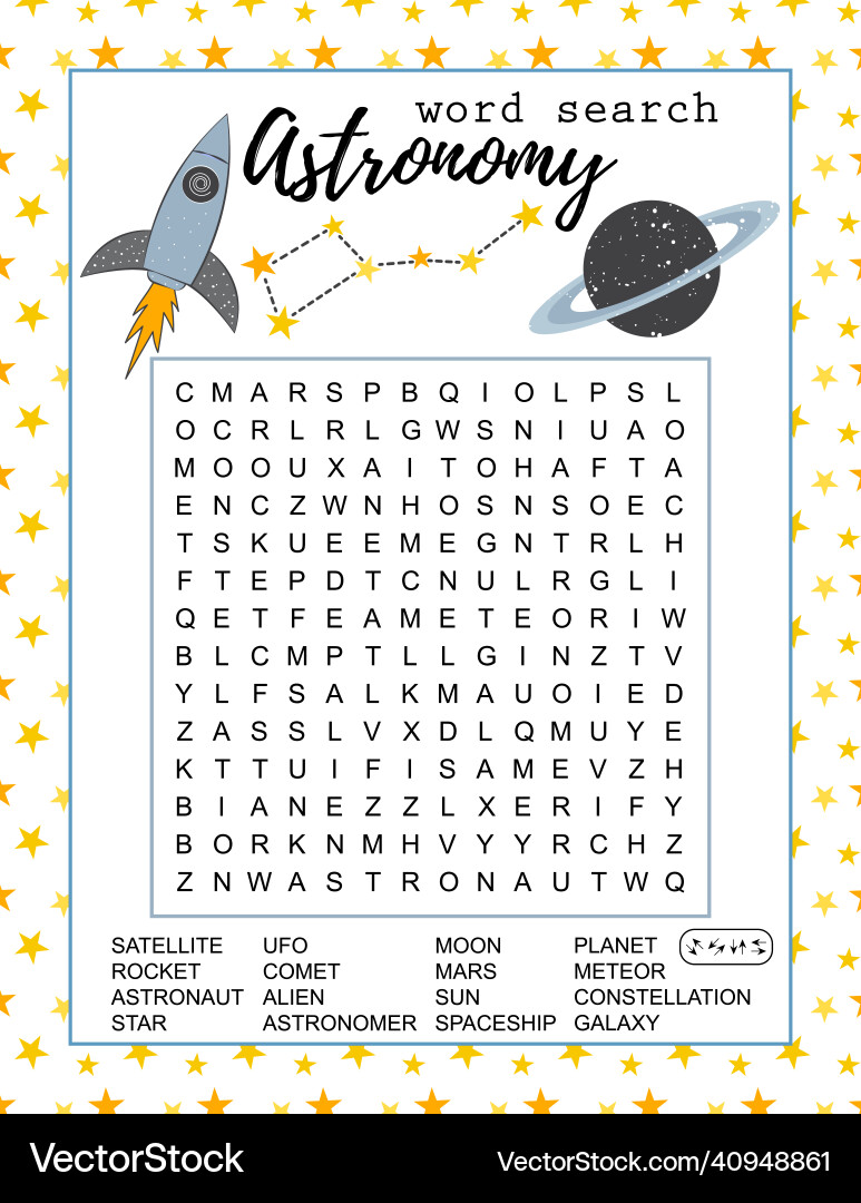 Astronomy word search puzzle logic game Astronomy word search puzzle logic game vector image