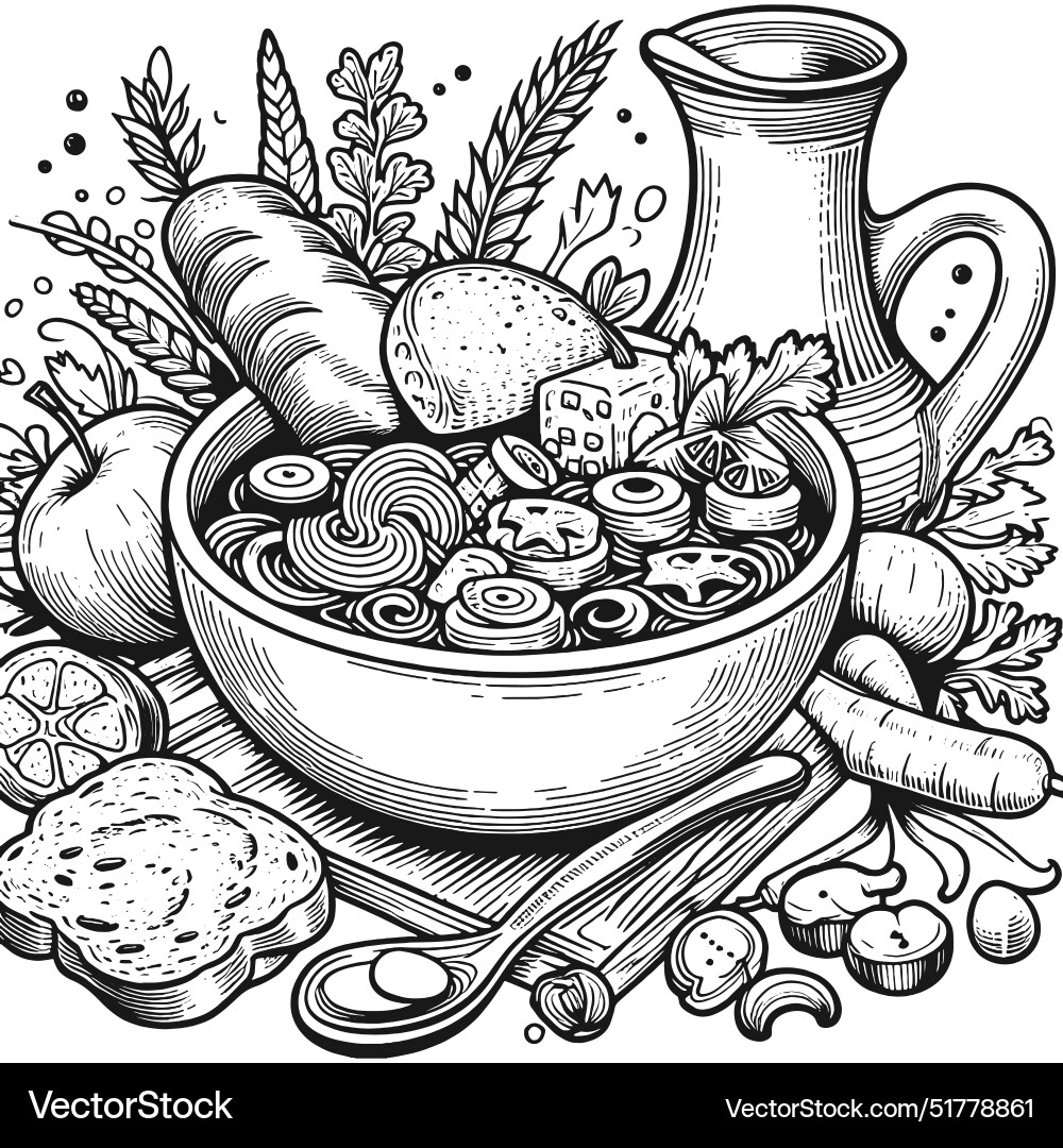 Recipe bowl spiced soup hand drawn engraving Recipe bowl spiced soup hand drawn engraving vector image