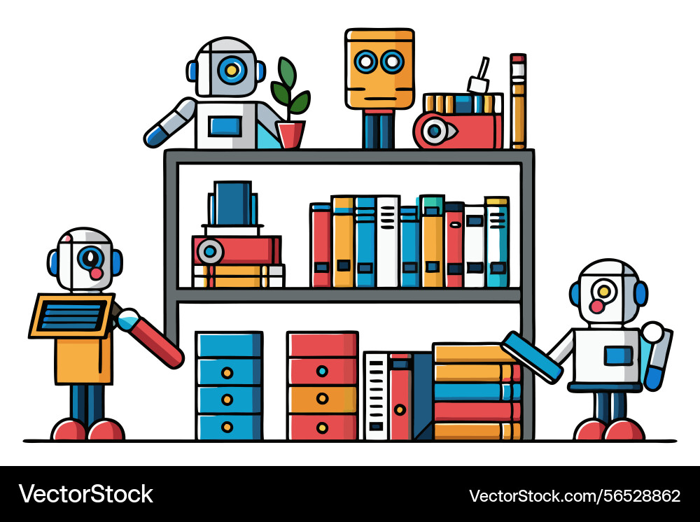 Ai powered robots working in a modern library Ai powered robots working in a modern library vector image