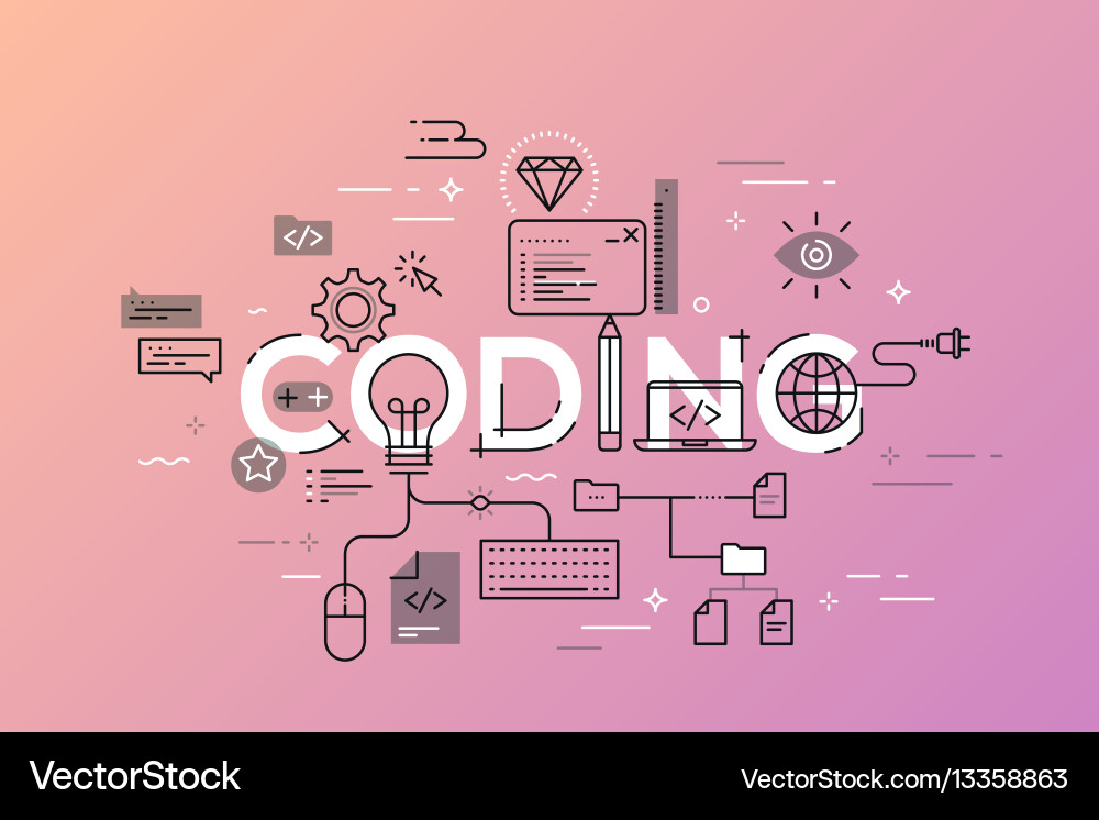 Flat style thin line banner design of coding vector image