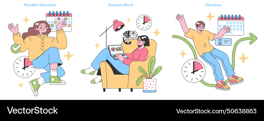 Work flexibility set flat Work flexibility set flat vector image