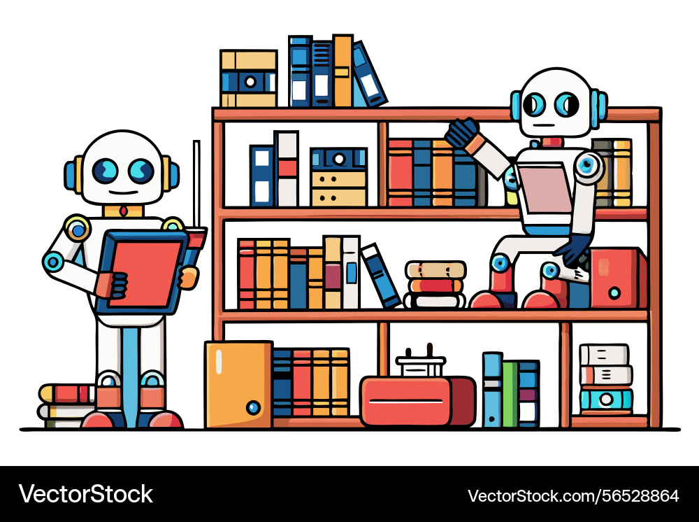 Library with advanced ai robots shelving books vector image
