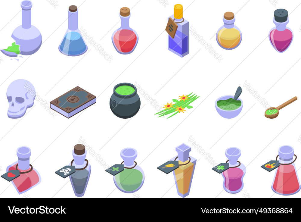 Magic elixir icons set isometric potion vector image