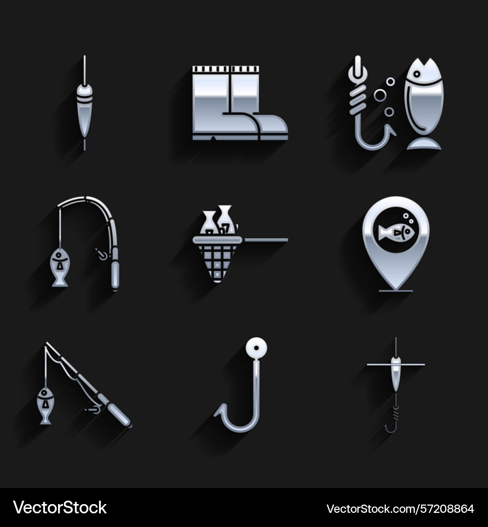 Set fishing net with fish hook and float location Set fishing net with fish hook and float location vector image