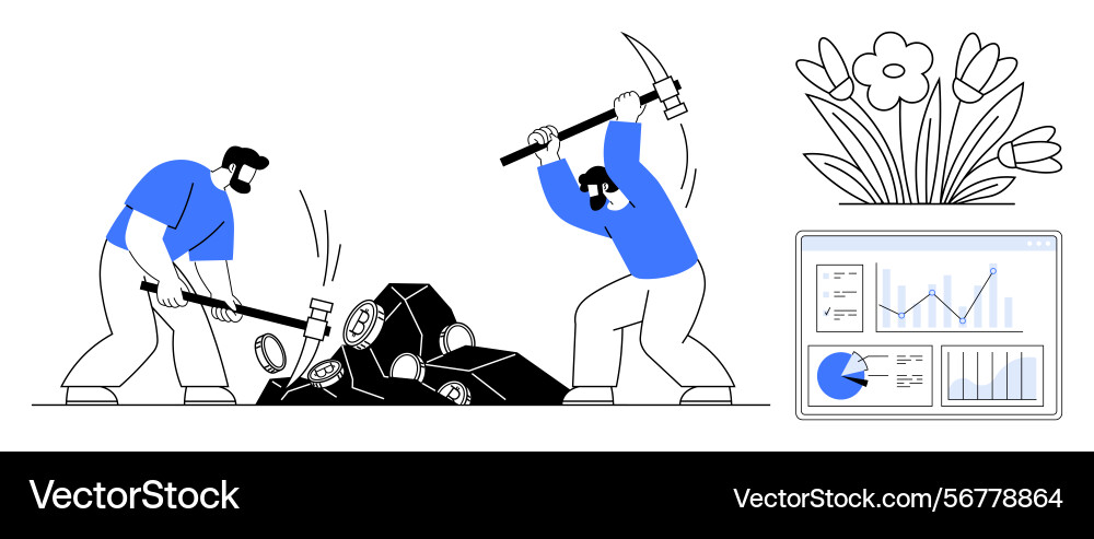 Teamwork and data analysis themes with workers Teamwork and data analysis themes with workers Vector Image