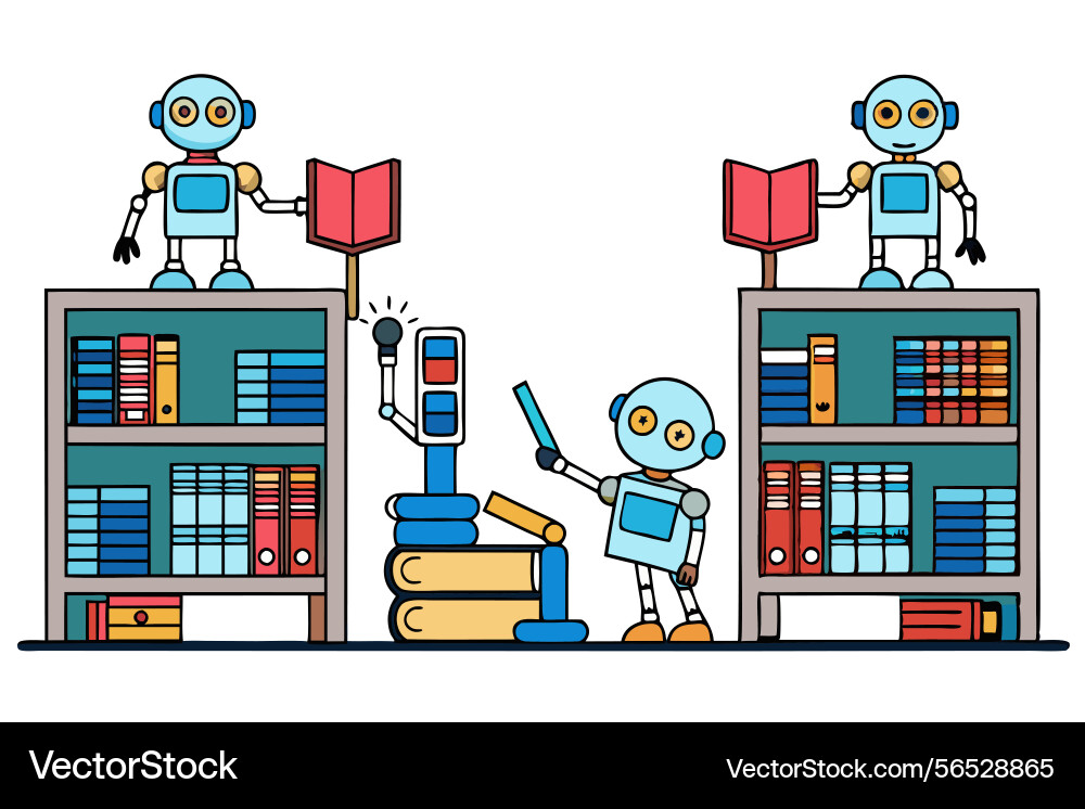 Futuristic library featuring ai driven robots Futuristic library featuring ai driven robots vector image