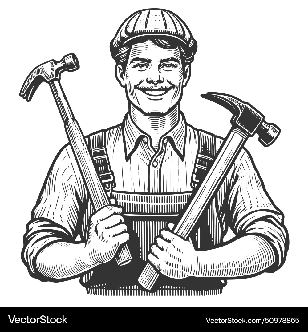 Smiling worker with hammers sketch Vector Image
