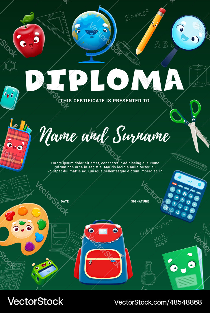 Kids education diploma with stationery characters Kids education diploma with stationery characters vector image