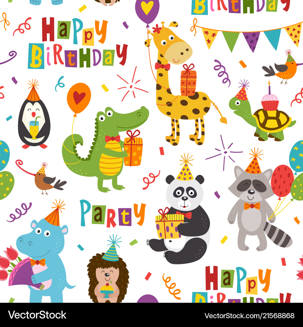 Seamless pattern with funny animals happy birthday Seamless pattern with funny animals happy birthday vector image