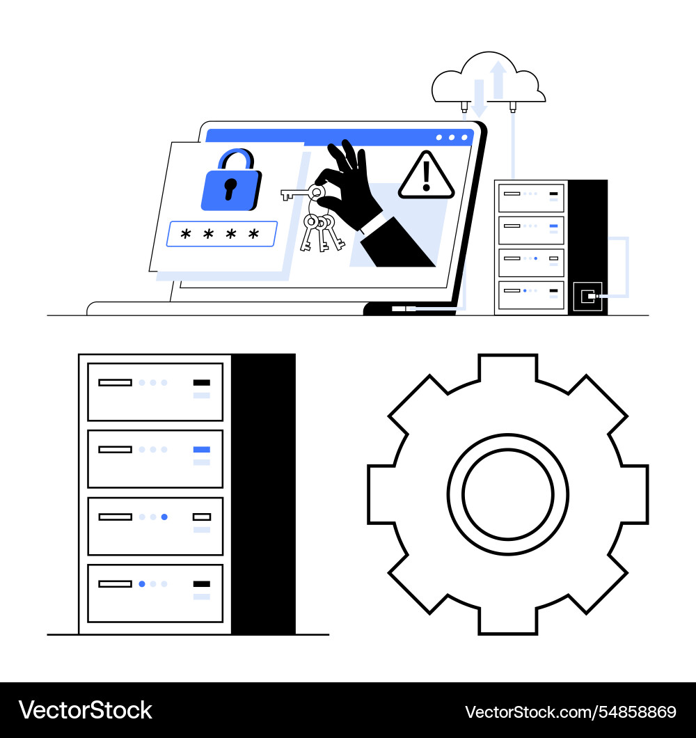 Cybersecurity threat monitoring with server Cybersecurity threat monitoring with server vector image