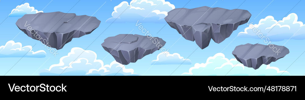 Gray stone floating islands in sky with clouds vector image