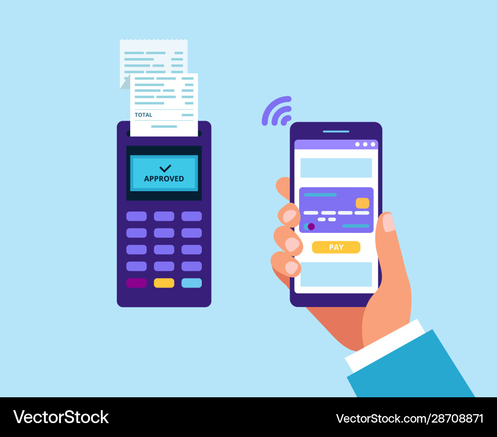 Mobile payment via smartphone pos terminal Mobile payment via smartphone pos terminal Vector Image