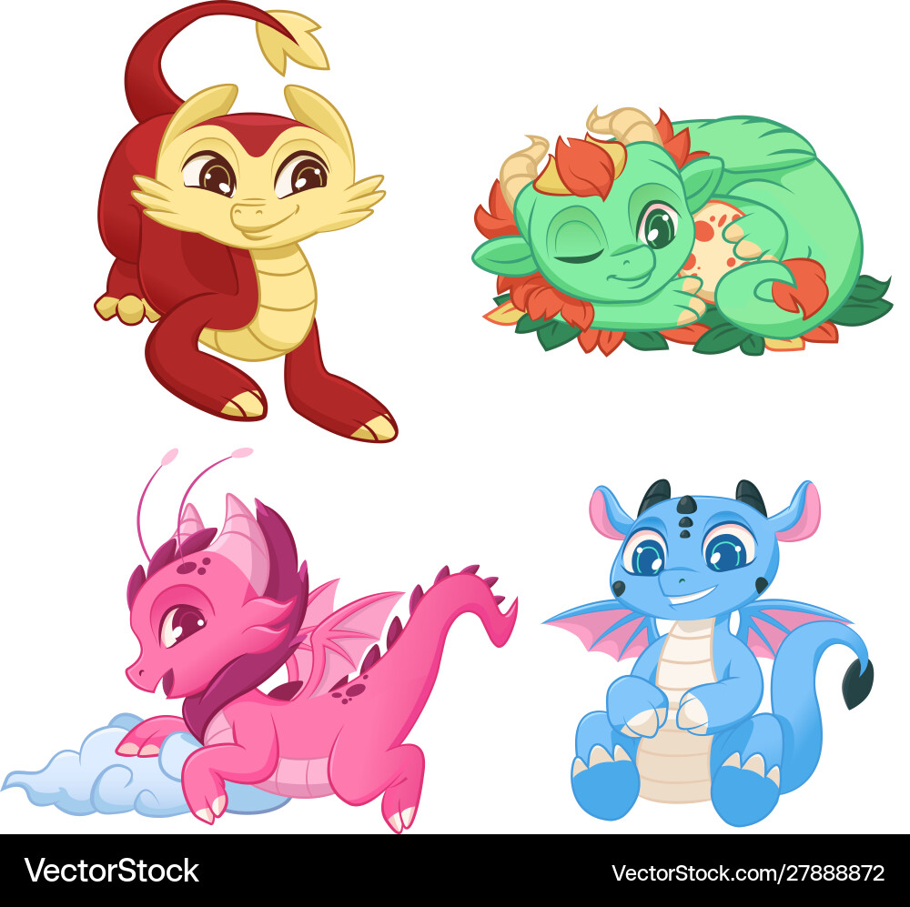 Cute little dragons set colorful adorable Cute little dragons set colorful adorable vector image