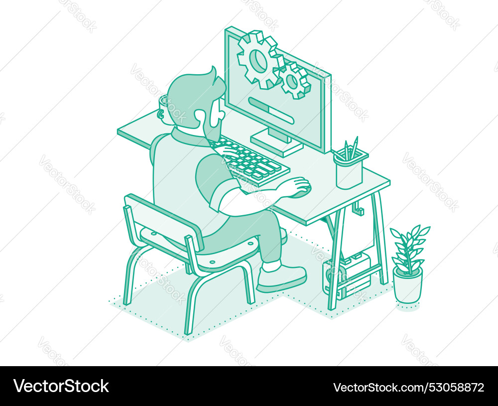 Man sitting on computer isometric 3d technology Man sitting on computer isometric 3d technology vector image