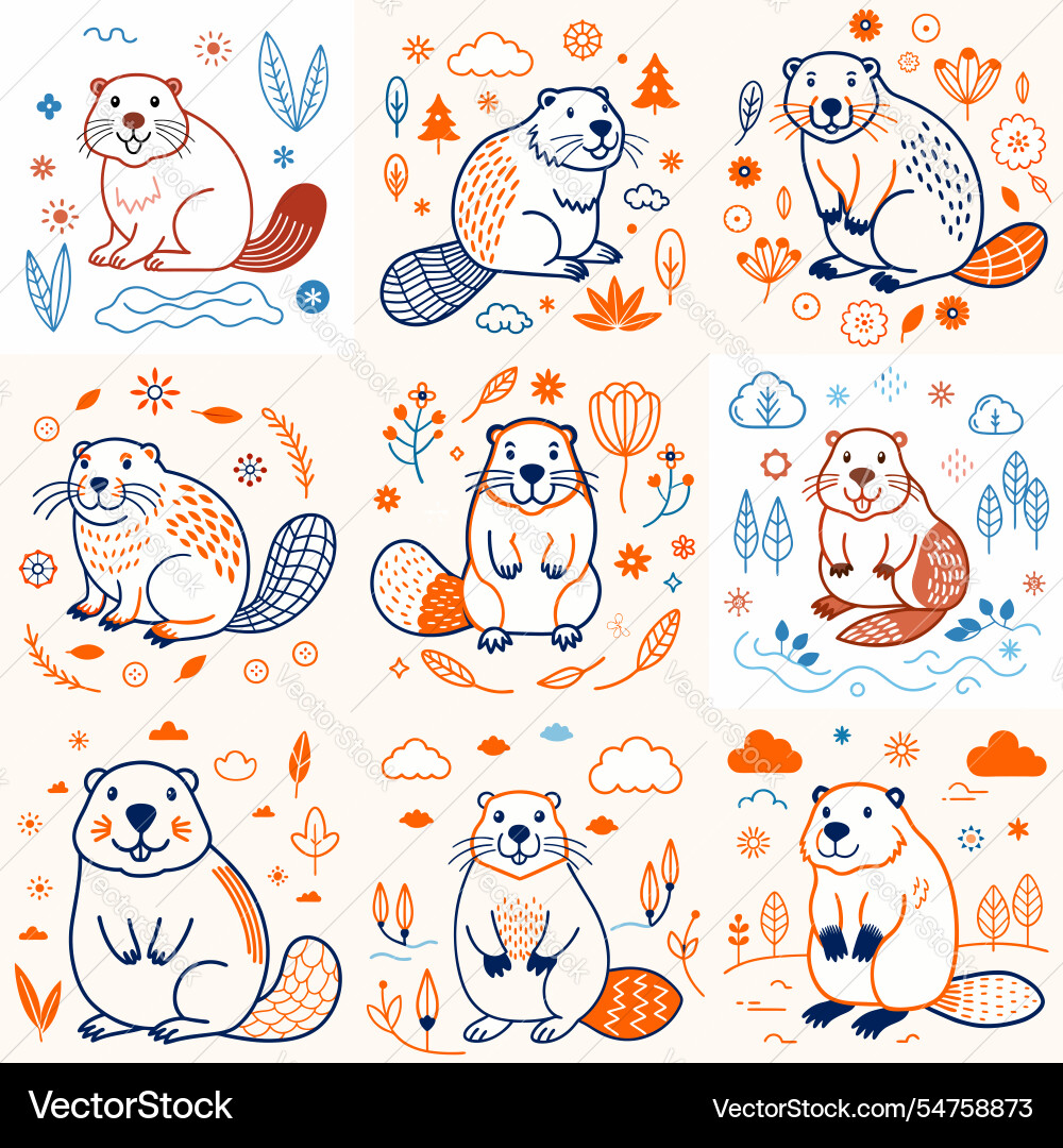 Funny beaver character in different actions big Funny beaver character in different actions big vector image