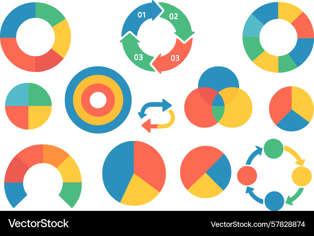 Colorful pie charts and graphs arranged in a grid Colorful pie charts and graphs arranged in a grid vector image