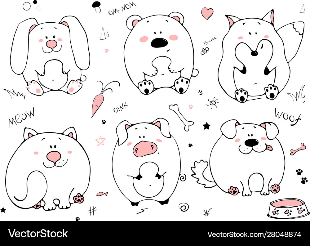 Hand drawn portrait a cute funny fat animals – Royalty-Free Vector |  VectorStock, image size:1000x793