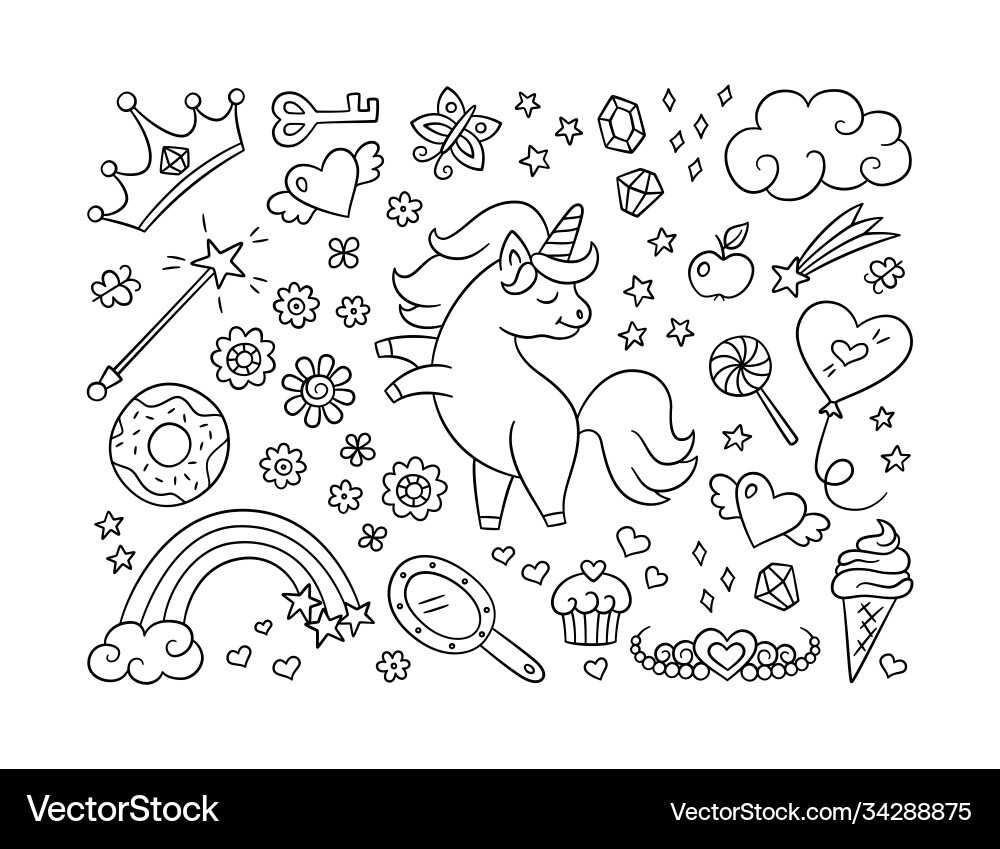 Cute unicorn and set magic objects shooting Cute unicorn and set magic objects shooting vector image