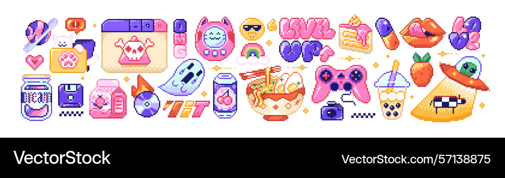 Pixel art icons set design elements of 8bit vector image