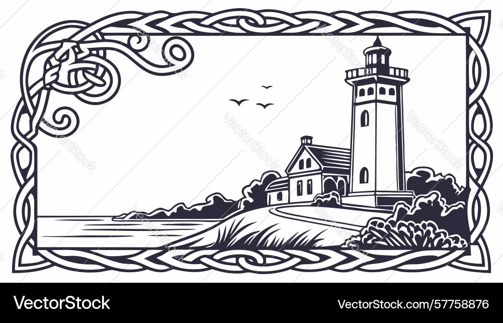 Coastal lighthouse scene in frame design Vector Image