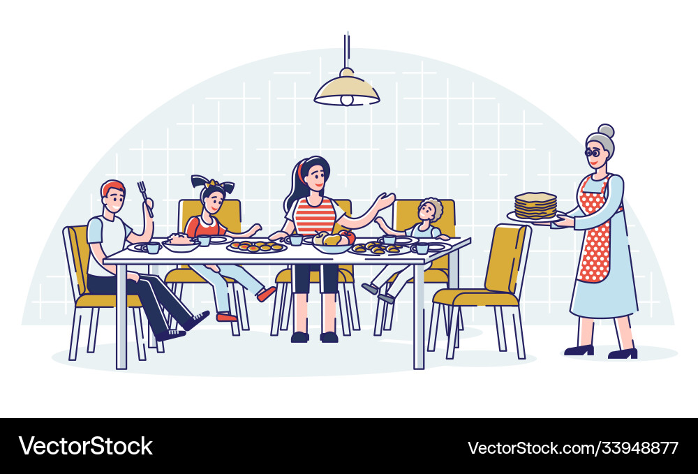 Big family dinner with parents kids vector image