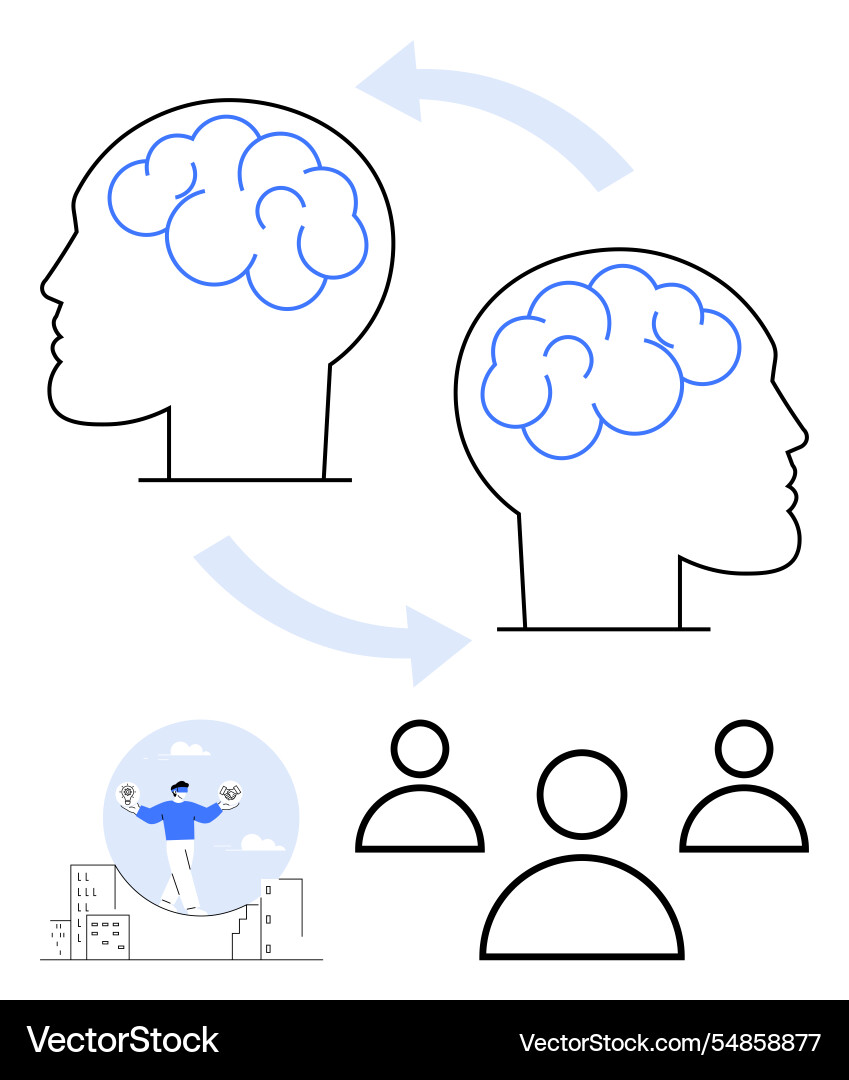 Brain-to-brain communication concept with abstract Vector Image