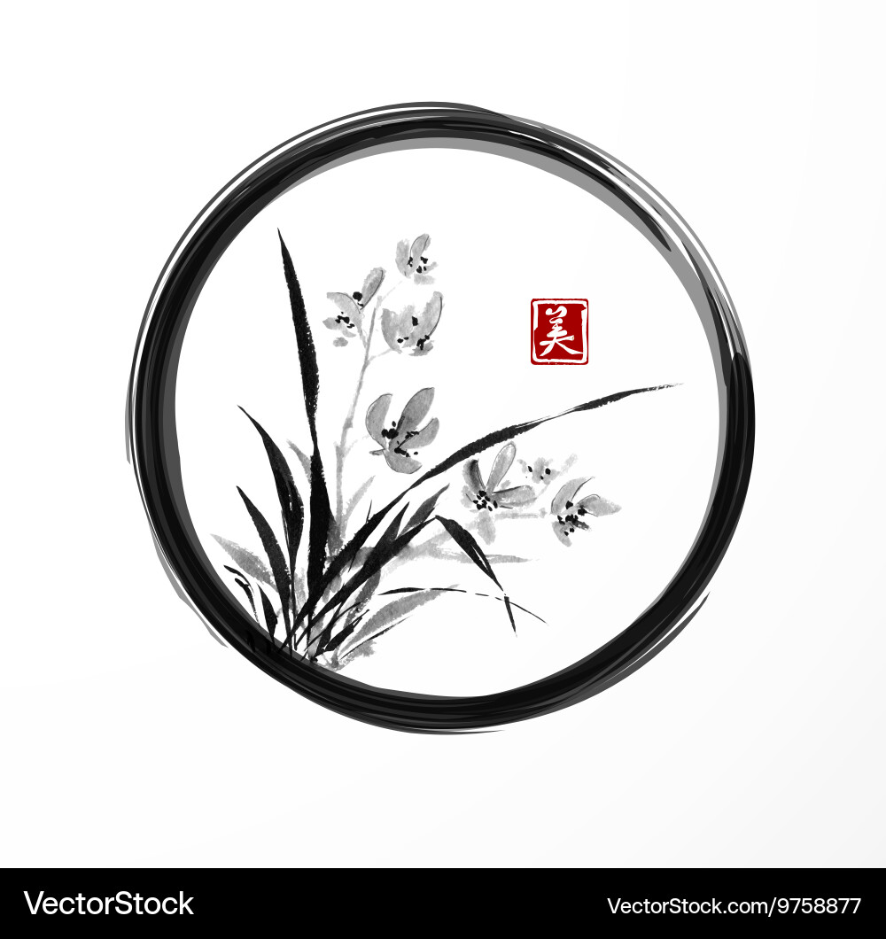 Japanese Wild Orchid in Enso Circle Vector Image
