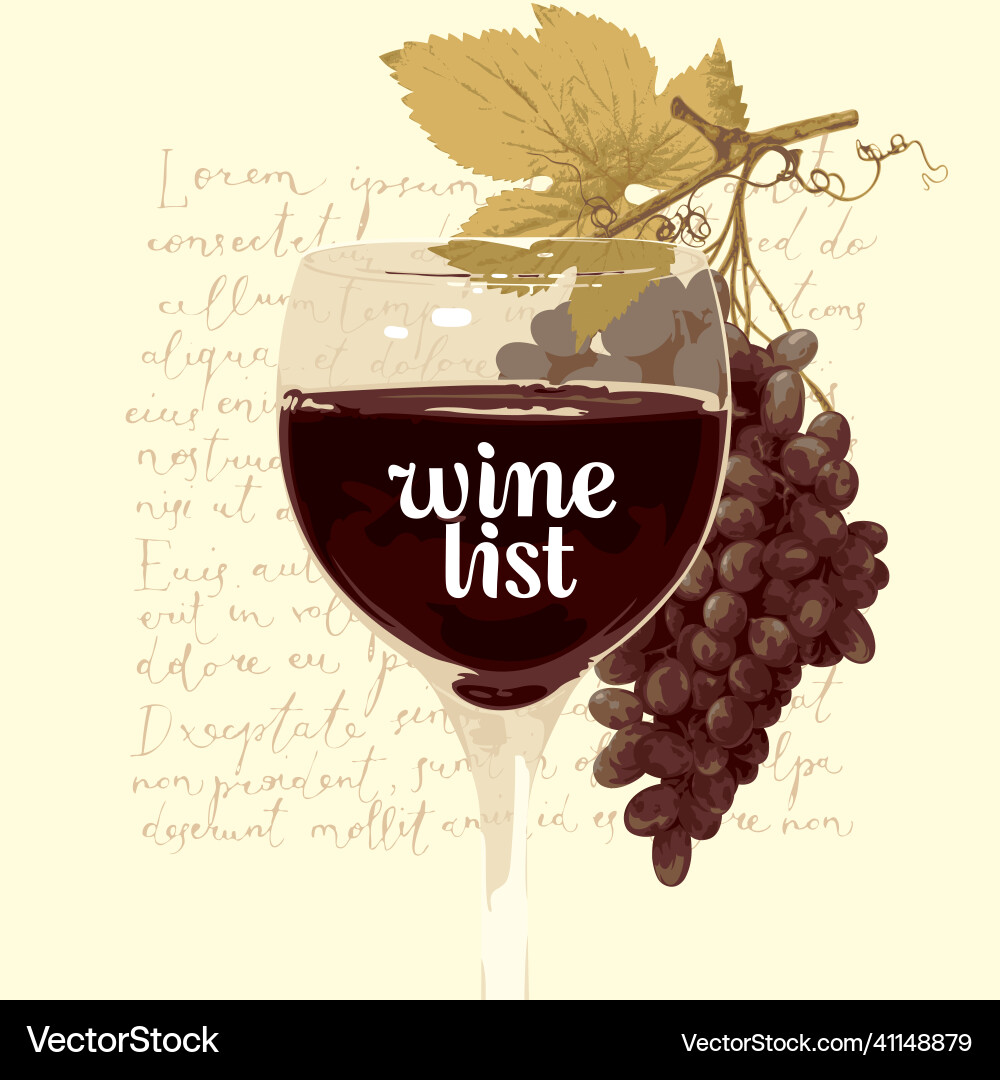 Wine list with wineglass grape and lorem ipsum vector image