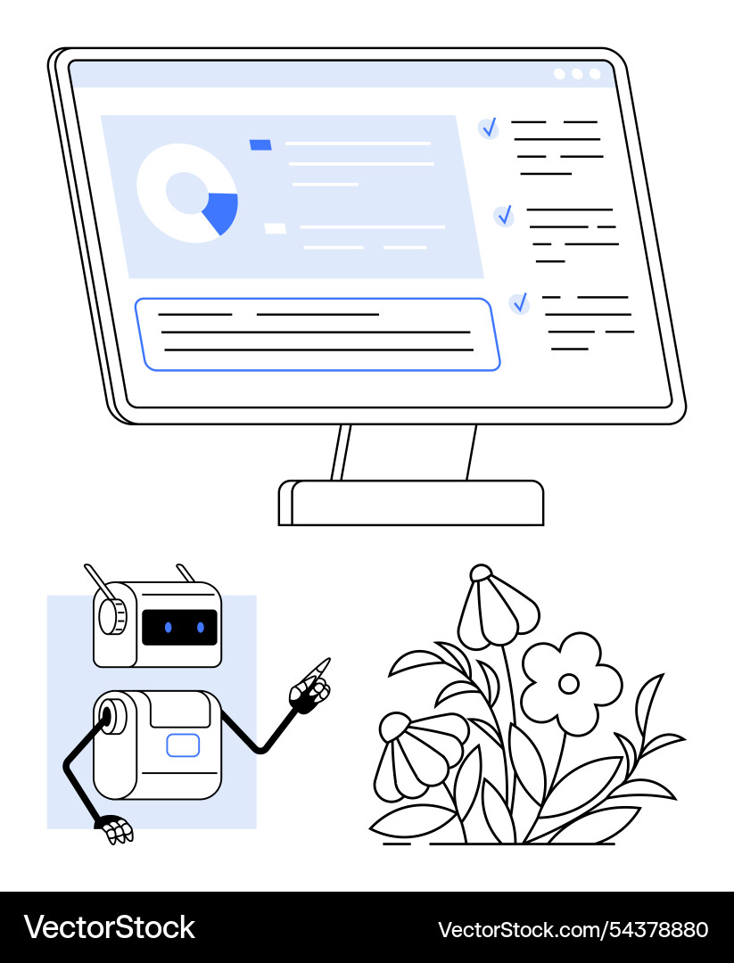Robot assisting digital task on computer screen Robot assisting digital task on computer screen vector image