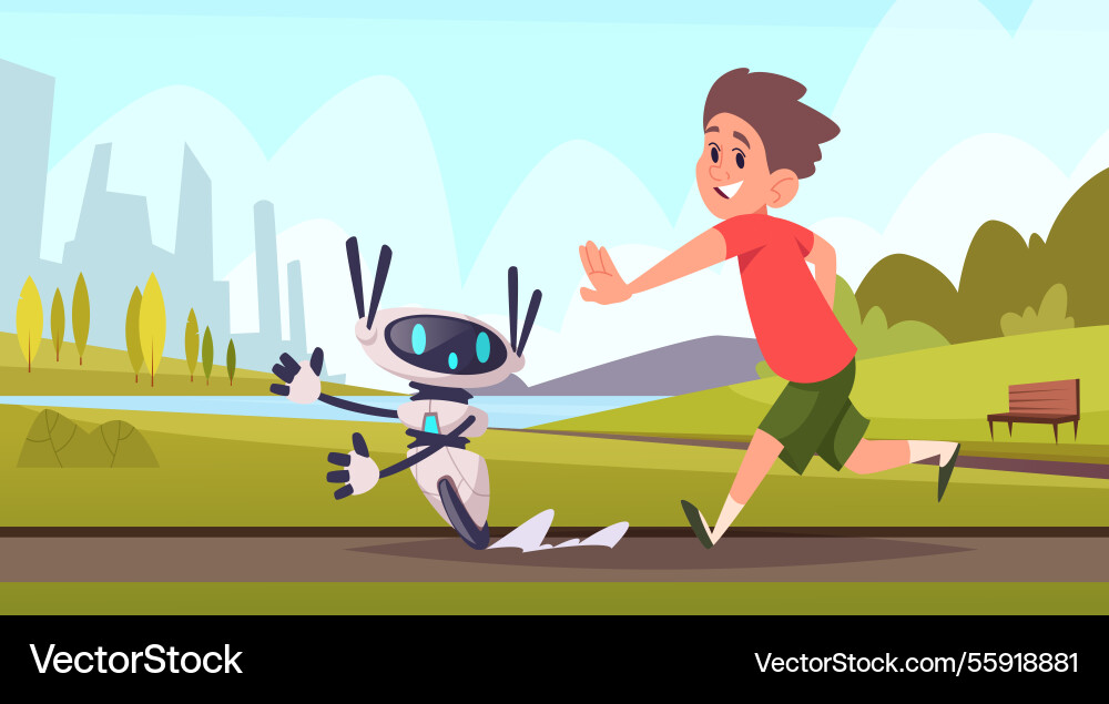 Chatbot boy running with personal smart android Chatbot boy running with personal smart android vector image