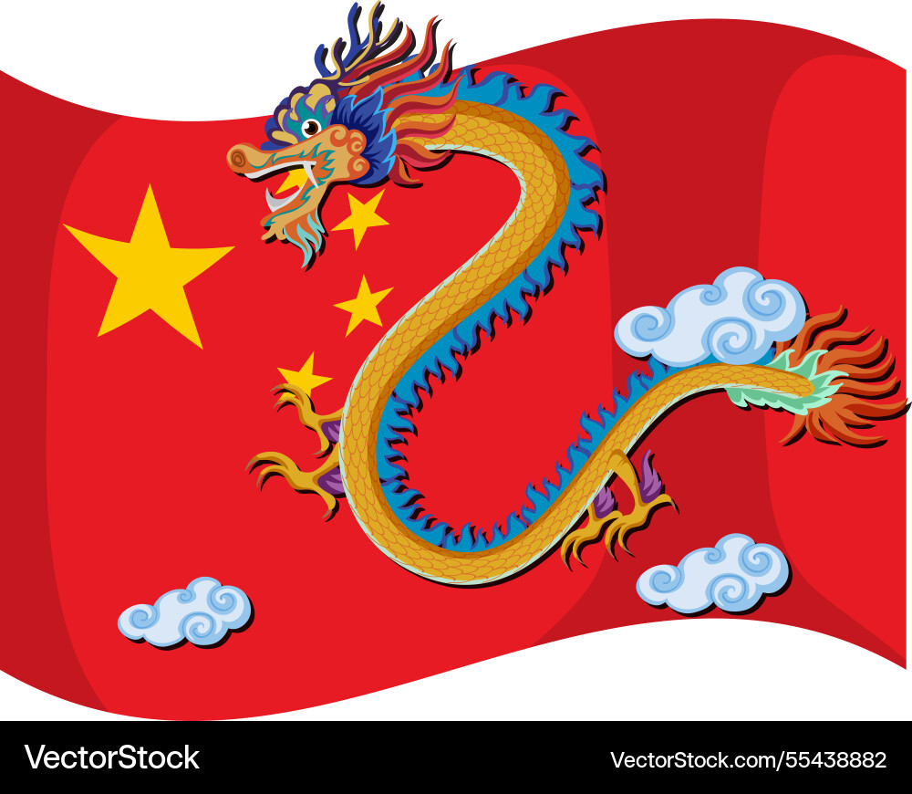 Colorful dragon flying over chinese flag Colorful dragon flying over chinese flag Vector Image
