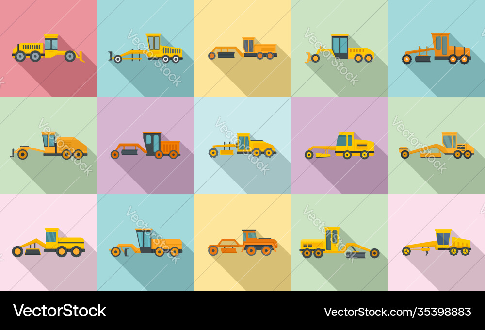 Grader machine icons set flat style Grader machine icons set flat style vector image