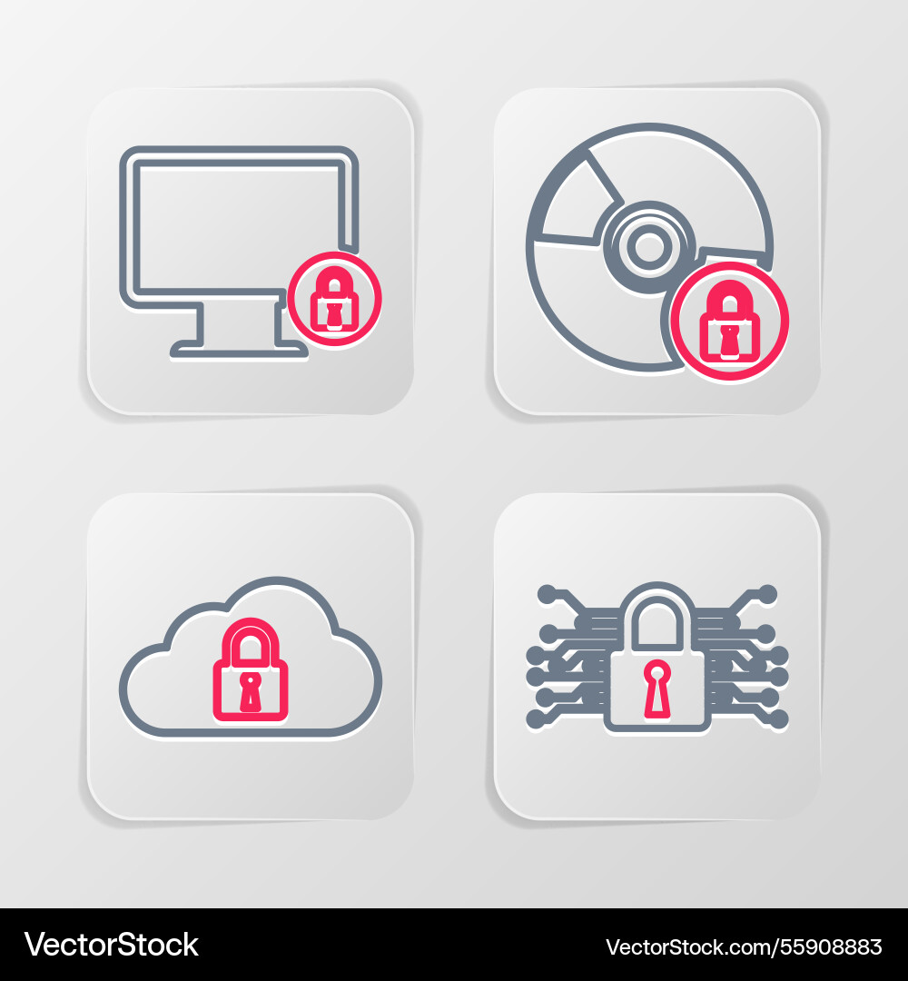 Set line cyber security cloud computing lock cd Set line cyber security cloud computing lock cd vector image