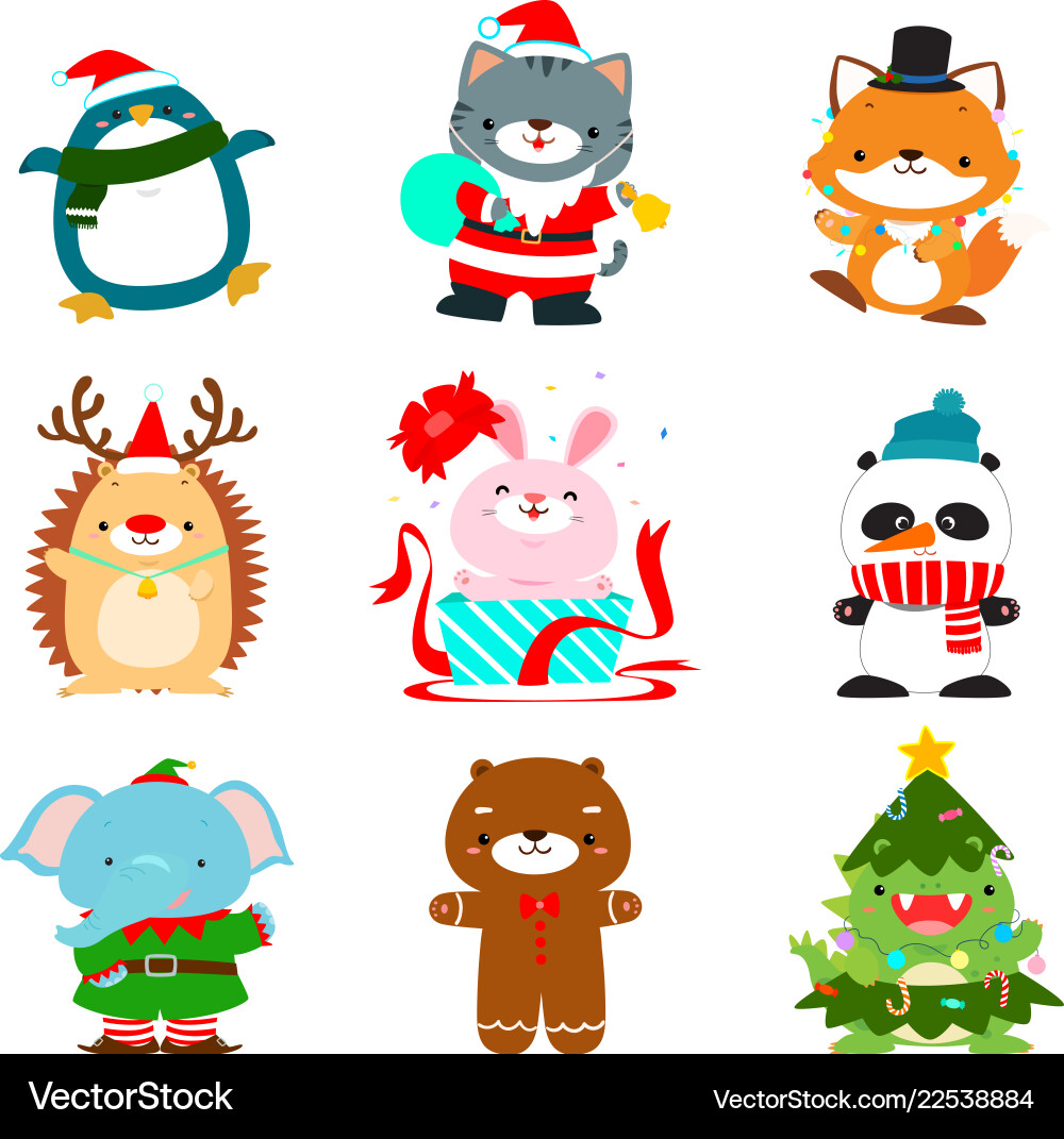 Cute Christmas Animal Characters Vector Image