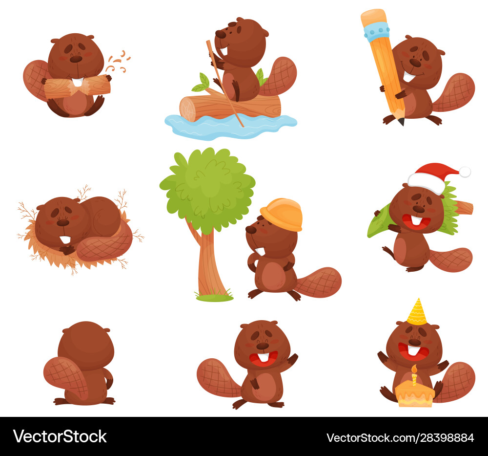 Funny Beaver Character Set - Various Actions vector image