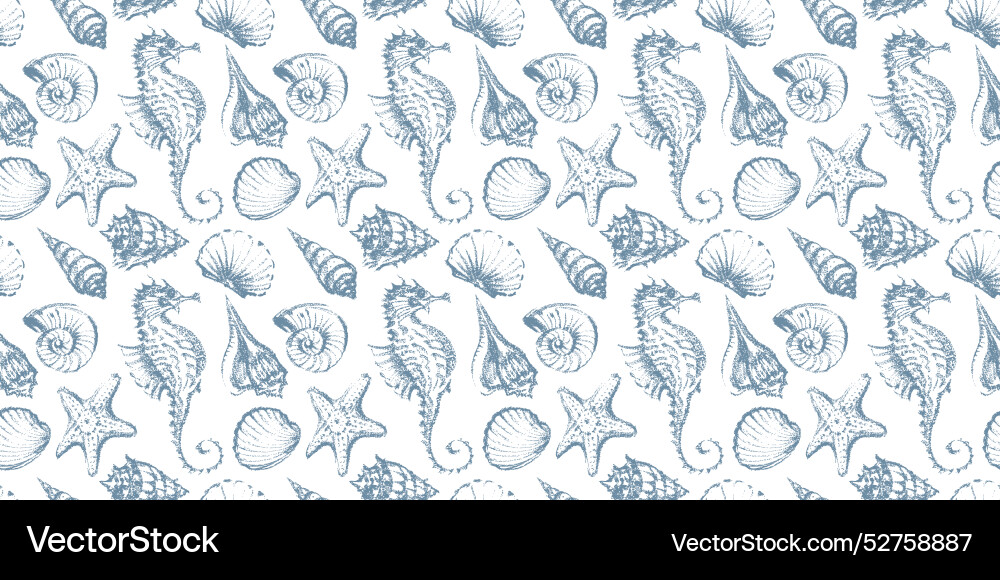 Seashells textured sketches seamless pattern vector image
