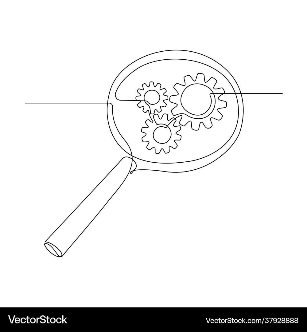 Gears inside magnifying glass in continuous line Gears inside magnifying glass in continuous line vector image