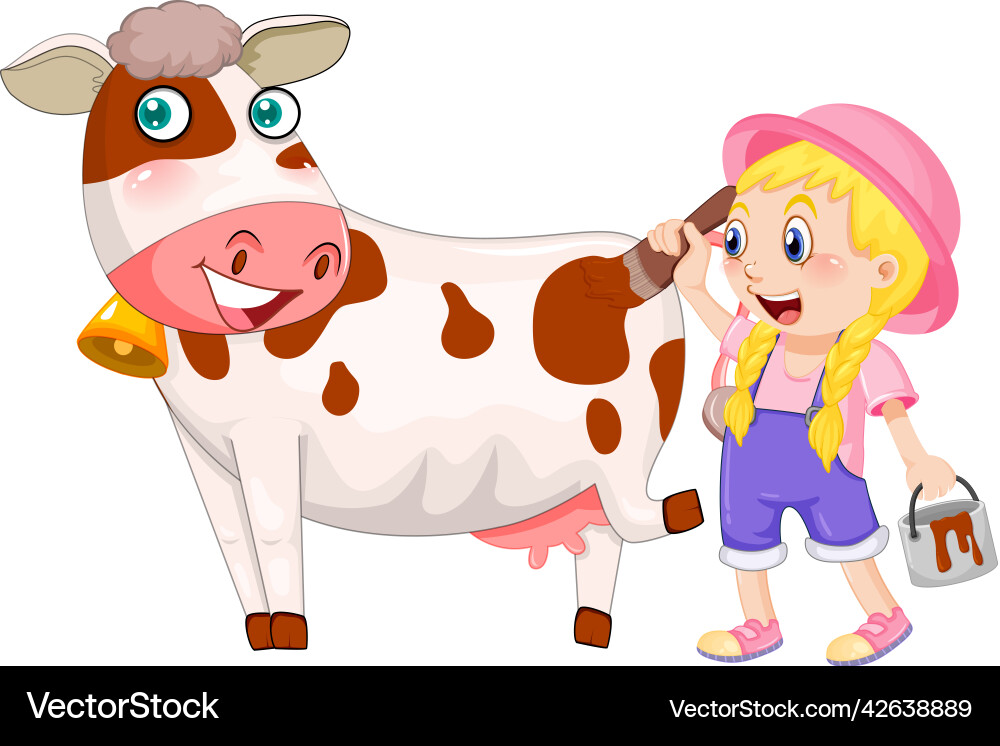 A girl painting on cow cartoon character vector image